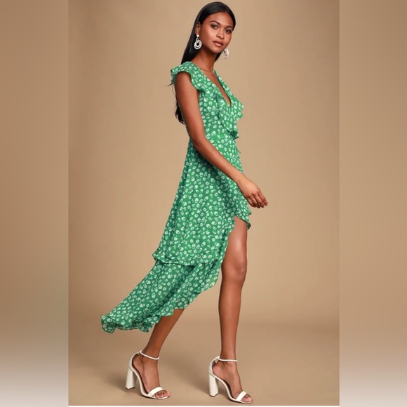 Lulus Green Floral Ruffled Wrap Midi Dress - Picture 3 of 5